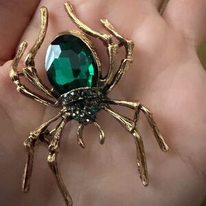 Gold Spider Brooch with Green Gem